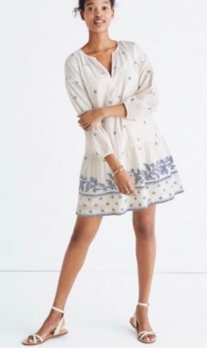 Madewell white jacquard dress blue floral embroidery XS 100% Cotton
